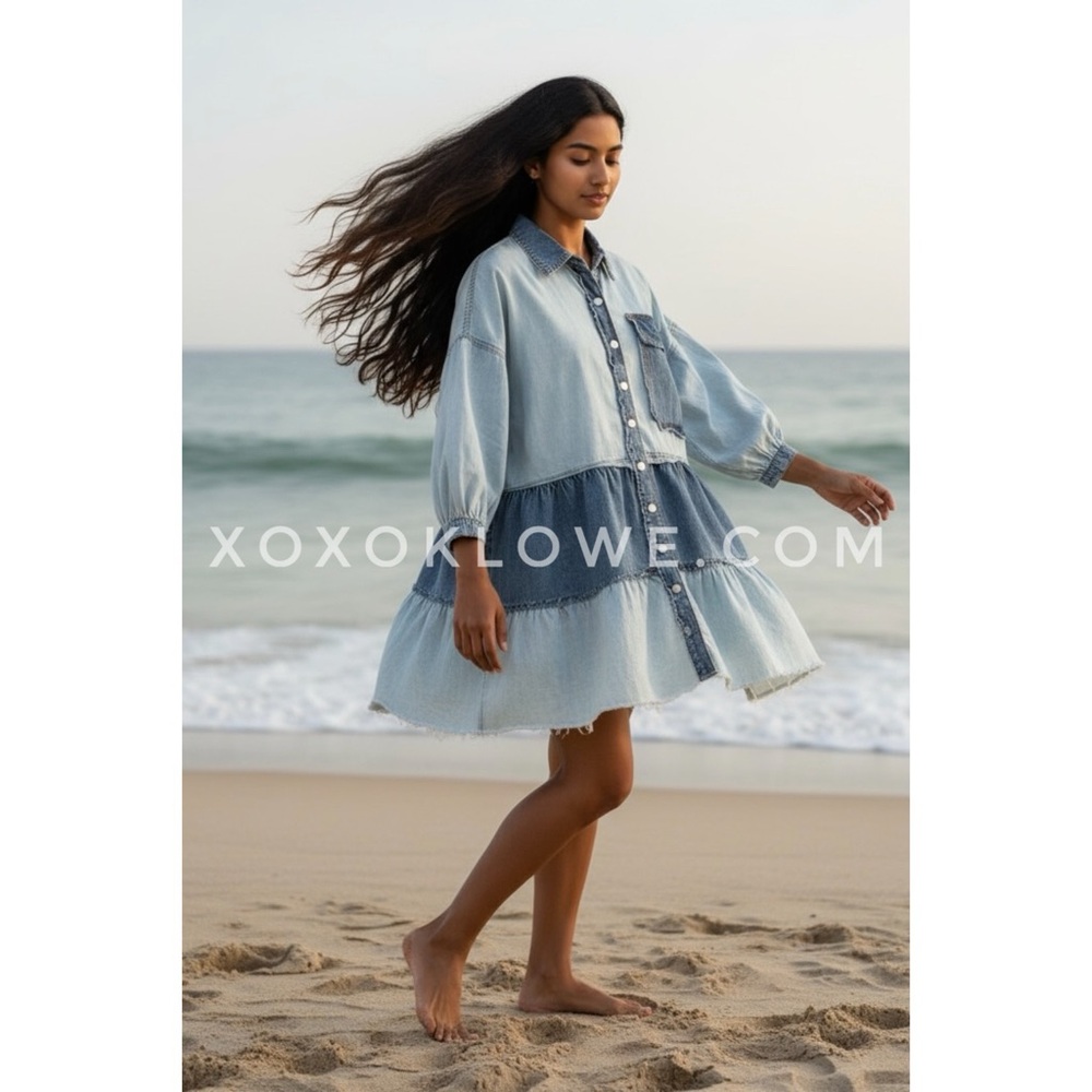 POL Denim Button Front Collared Dress | Tiered Ruffle Long Sleeve - Picture 6 of 10